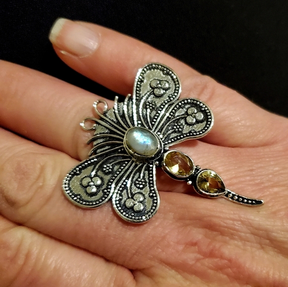New Rainbow Moonstone & Citrine 925 Silver Dragonfly Ring. - Picture 4 of 12